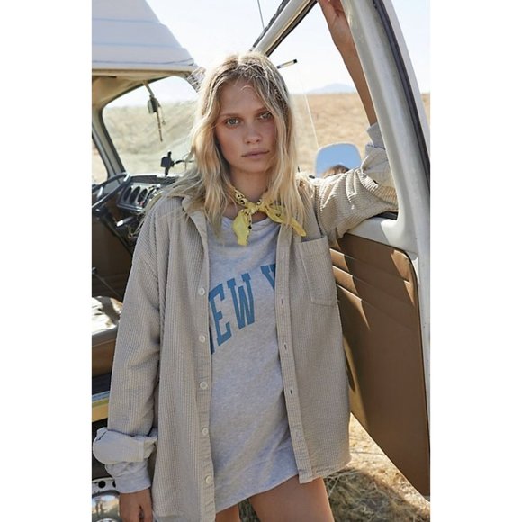 Free People CP Shades Cord Button Down Shirt in Natural Size Small